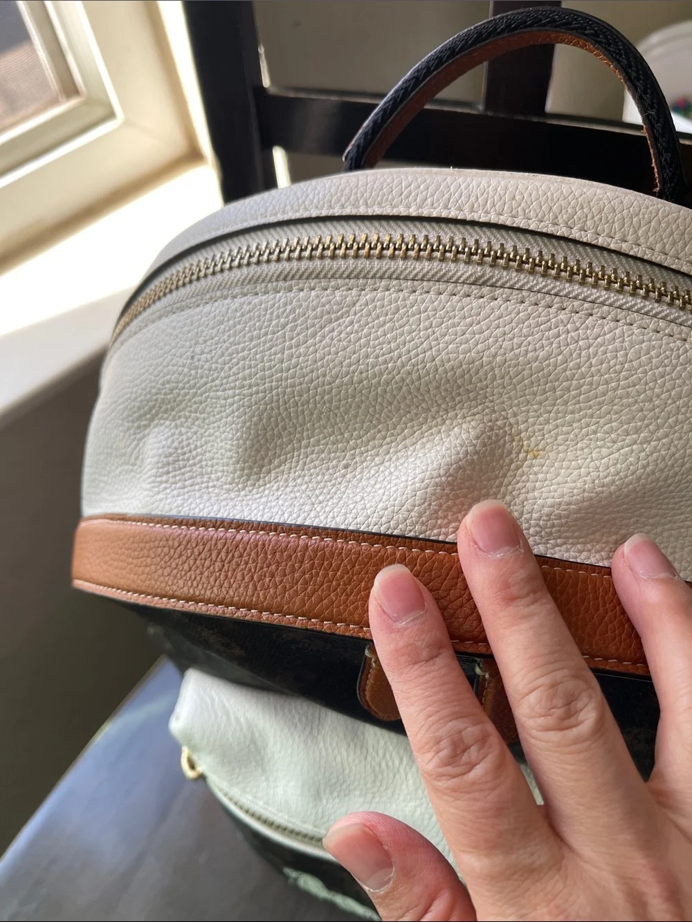 Coach Brown Monogram Backpack with Cream Front Pocket and Tan Trim
